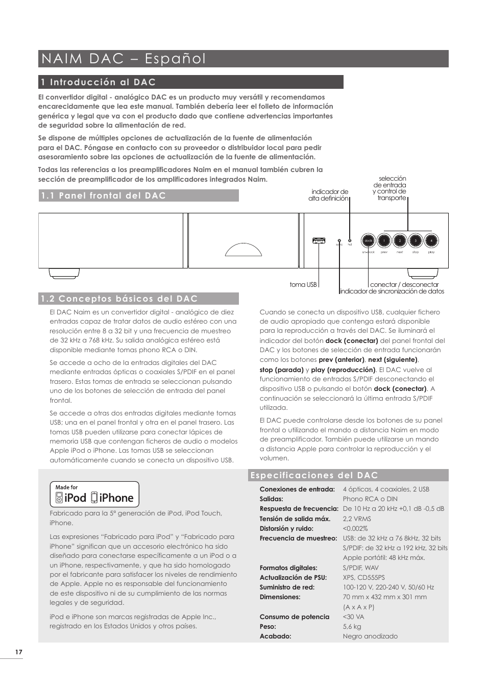 Naim dac – español, 1 introducción al dac, Especificaciones del dac | 2 conceptos básicos del dac, 1 panel frontal del dac | Naim Audio DAC User Manual | Page 18 / 28