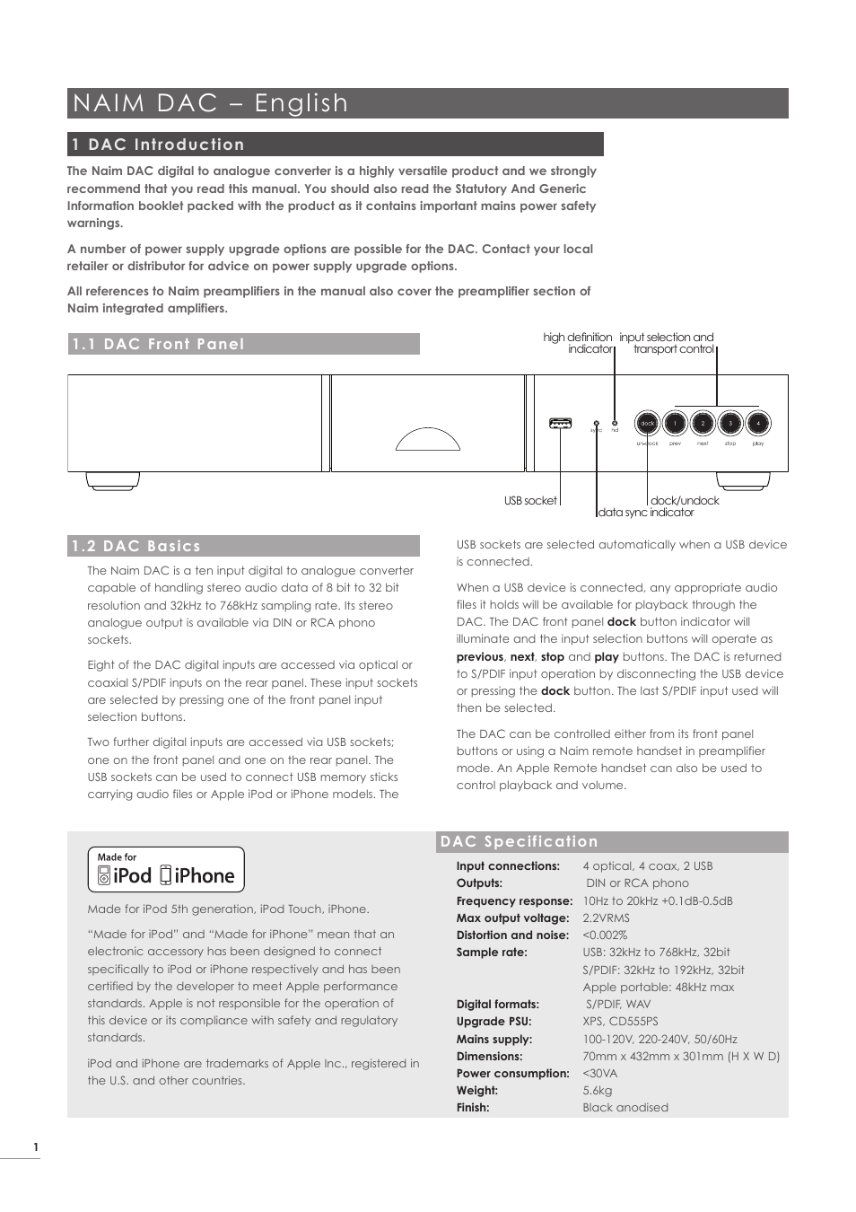 Naim dac – english, 1 dac introduction, 2 dac basics | 1 dac front panel, Dac specification | Naim Audio DAC User Manual | Page 2 / 28