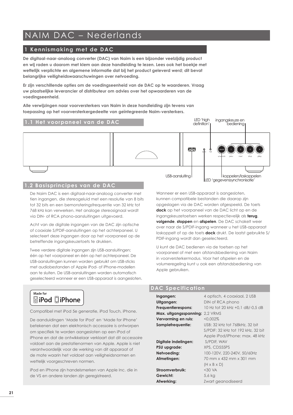 Naim dac – nederlands, 1 kennismaking met de dac, 2 basisprincipes van de dac | 1 het voorpaneel van de dac, Dac specification | Naim Audio DAC User Manual | Page 22 / 28