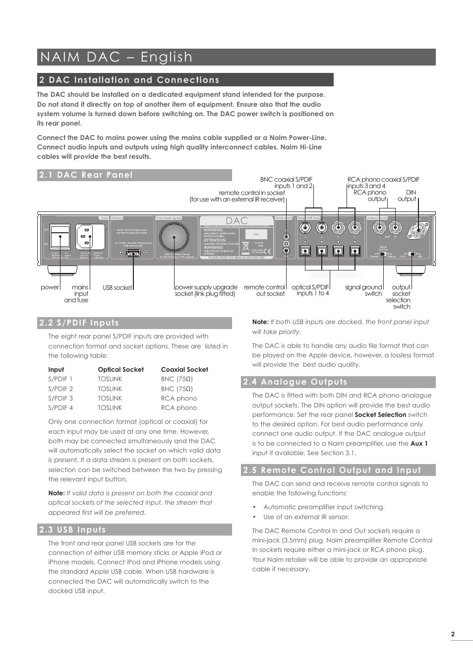 Naim dac – english, 2 dac installation and connections | Naim Audio DAC User Manual | Page 3 / 28