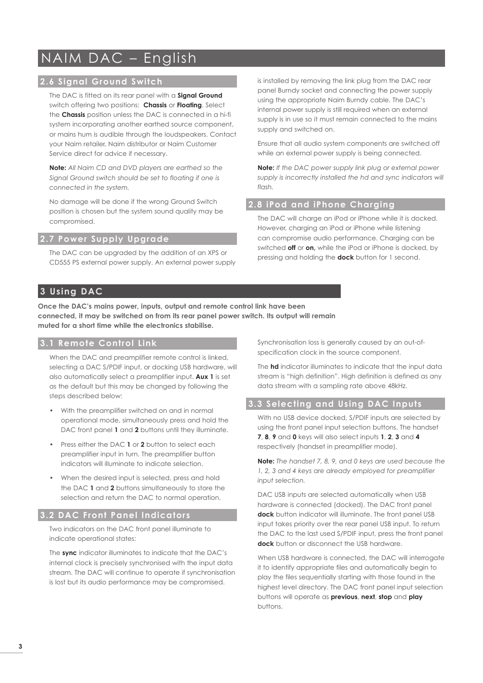 Naim dac – english, 3 using dac, 8 ipod and iphone charging | 6 signal ground switch, 7 power supply upgrade, 1 remote control link, 2 dac front panel indicators, 3 selecting and using dac inputs | Naim Audio DAC User Manual | Page 4 / 28