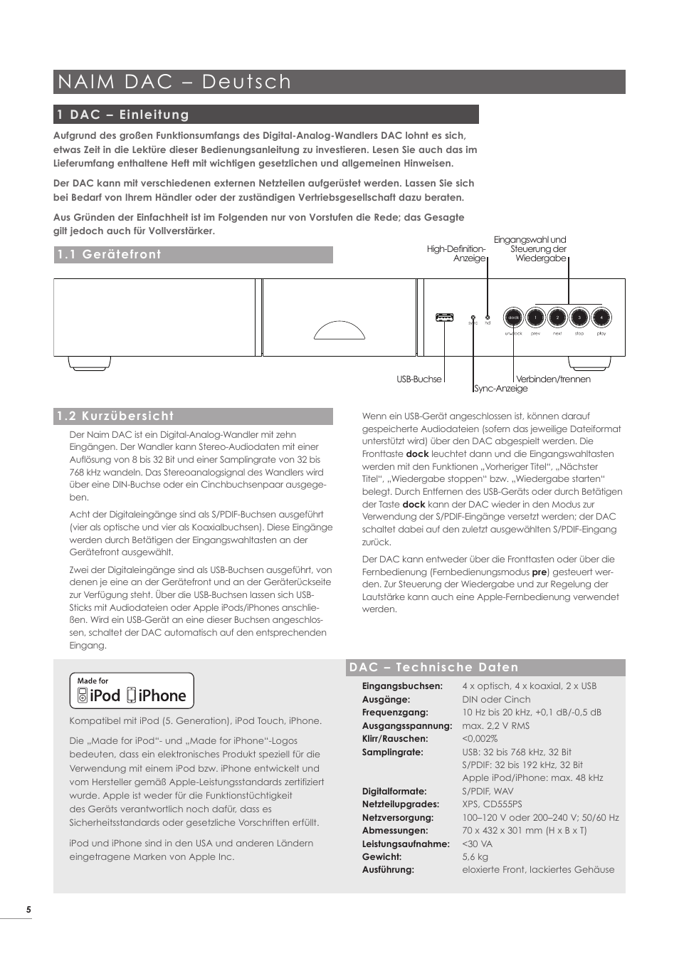 Naim dac – deutsch, 1 dac – einleitung, 2 kurzübersicht | 1 gerätefront, Dac – technische daten | Naim Audio DAC User Manual | Page 6 / 28