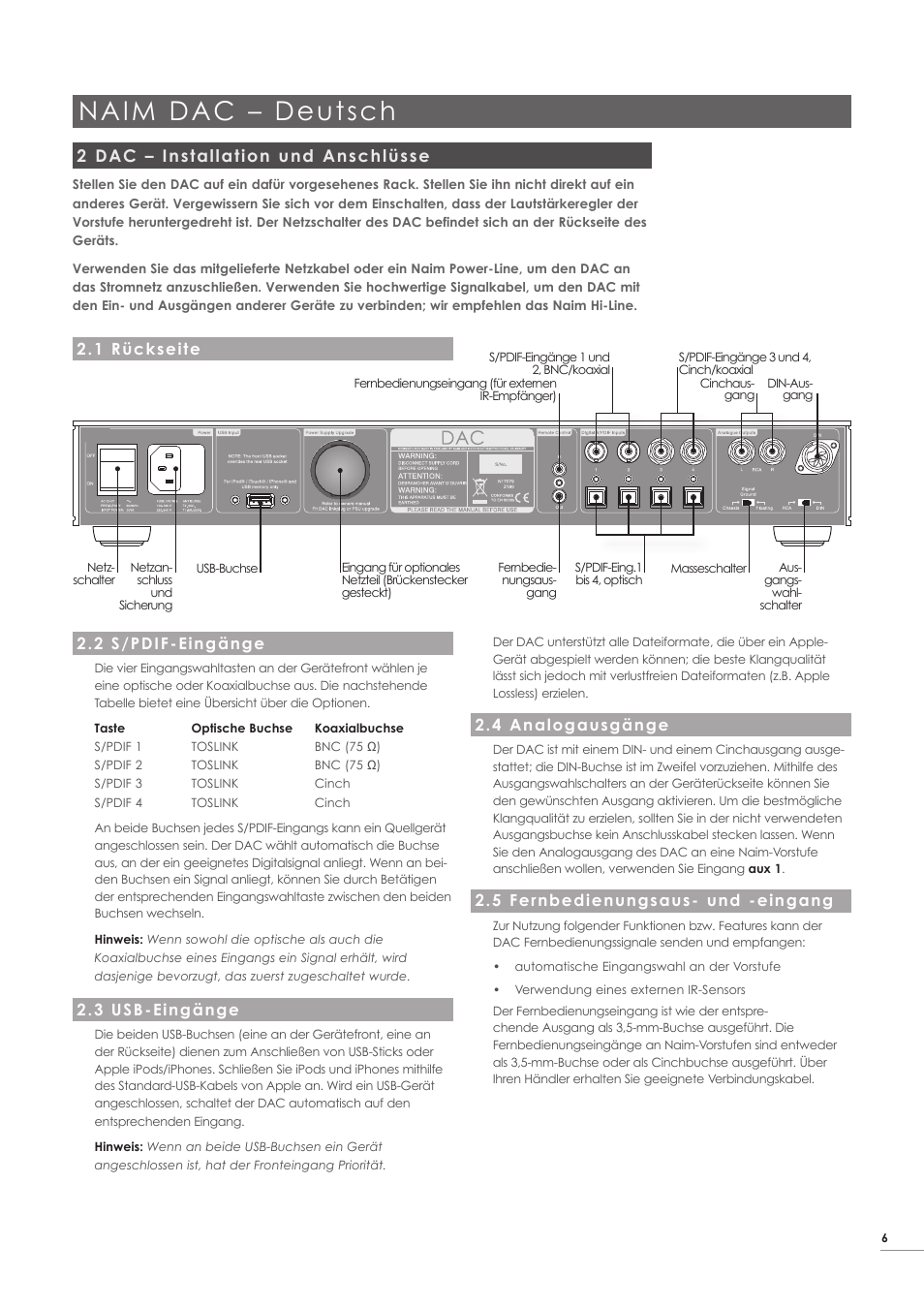 Naim dac – deutsch, 2 dac – installation und anschlüsse | Naim Audio DAC User Manual | Page 7 / 28