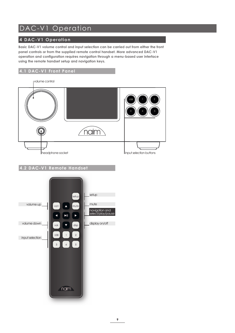 4 dac-v1 operation, 1 dac-v1 front panel, 2 dac-v1 remote handset | Dac-v1 operation | Naim Audio DAC-V1 User Manual | Page 11 / 17