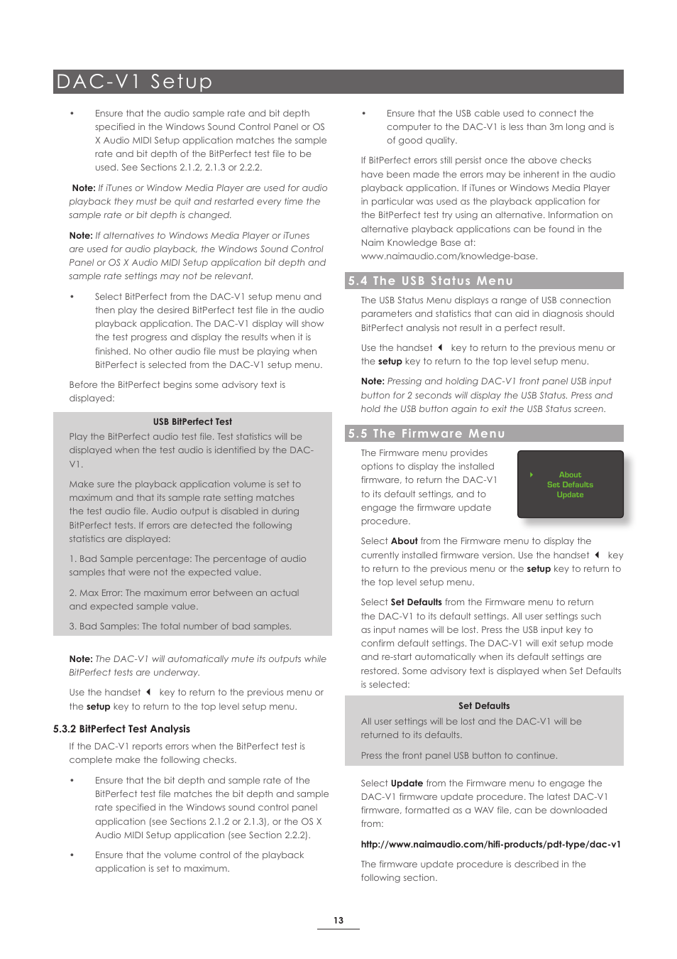 4 the usb status menu, 5 the firmware menu, Dac-v1 setup | Naim Audio DAC-V1 User Manual | Page 15 / 17