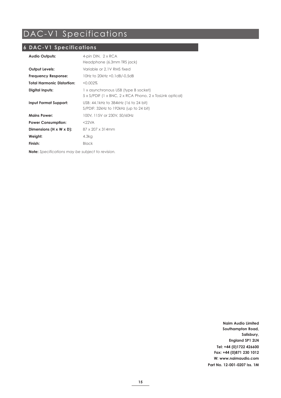 6 dac-v1 specifications, Dac-v1 specifications | Naim Audio DAC-V1 User Manual | Page 17 / 17
