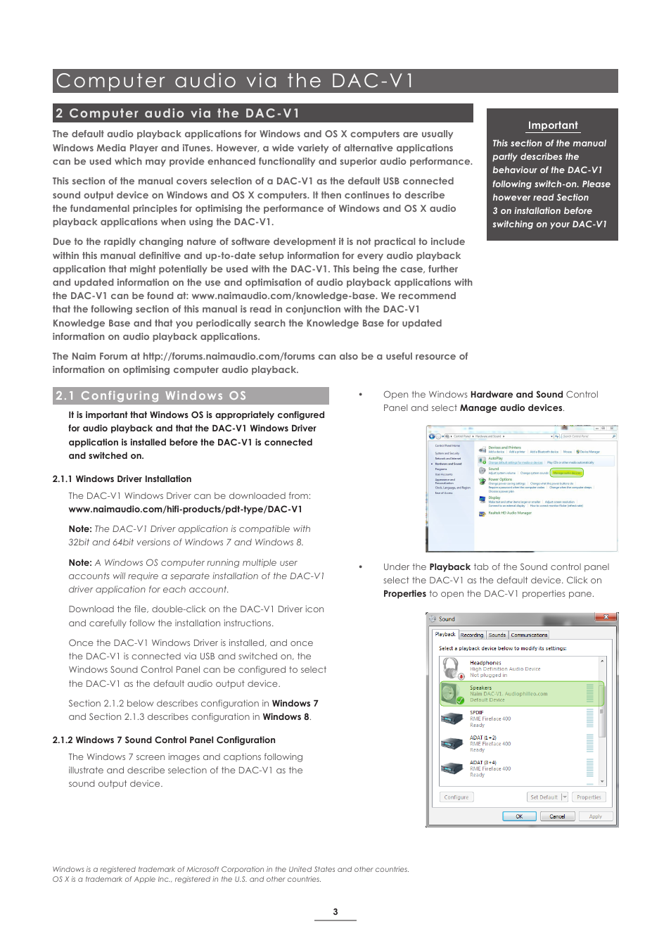 2 computer audio via the dac-v1, 1 configuring windows os, Computer audio via the dac-v1 | Naim Audio DAC-V1 User Manual | Page 5 / 17