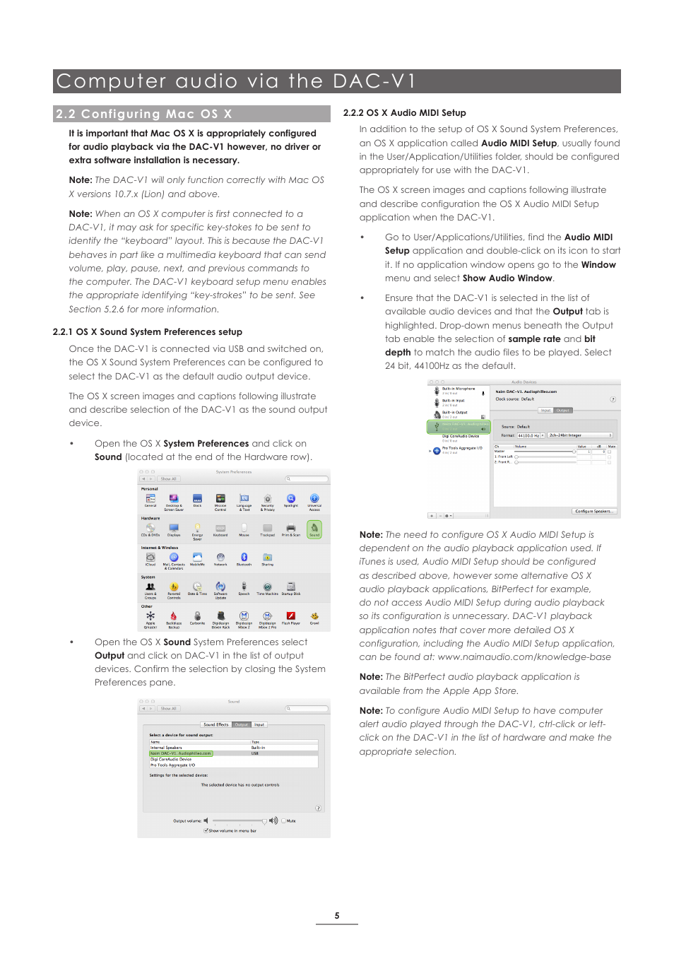 2 configuring mac os x, Computer audio via the dac-v1 | Naim Audio DAC-V1 User Manual | Page 7 / 17
