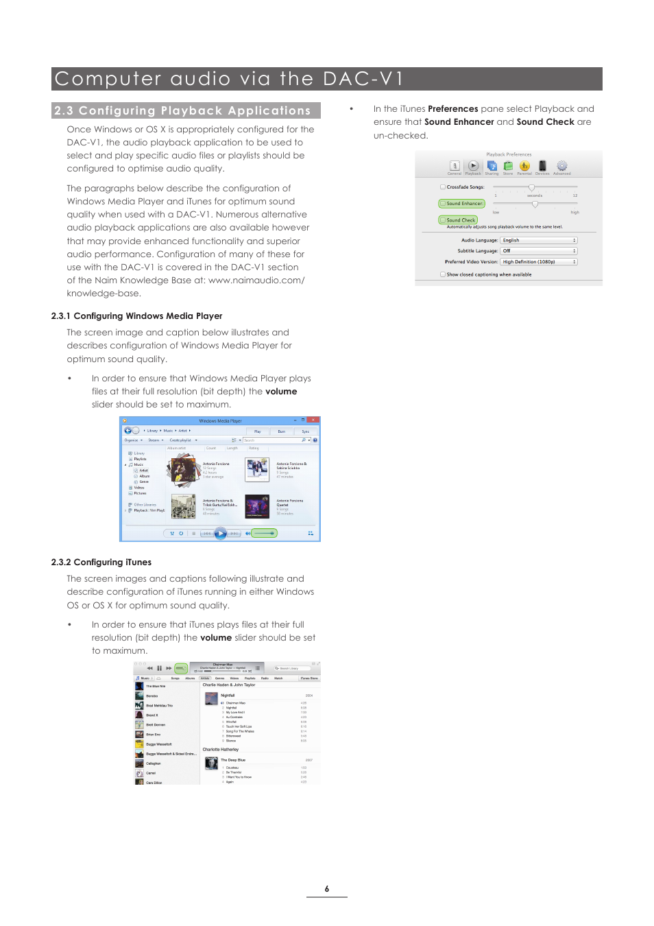 3 configuring playback applications, Computer audio via the dac-v1 | Naim Audio DAC-V1 User Manual | Page 8 / 17