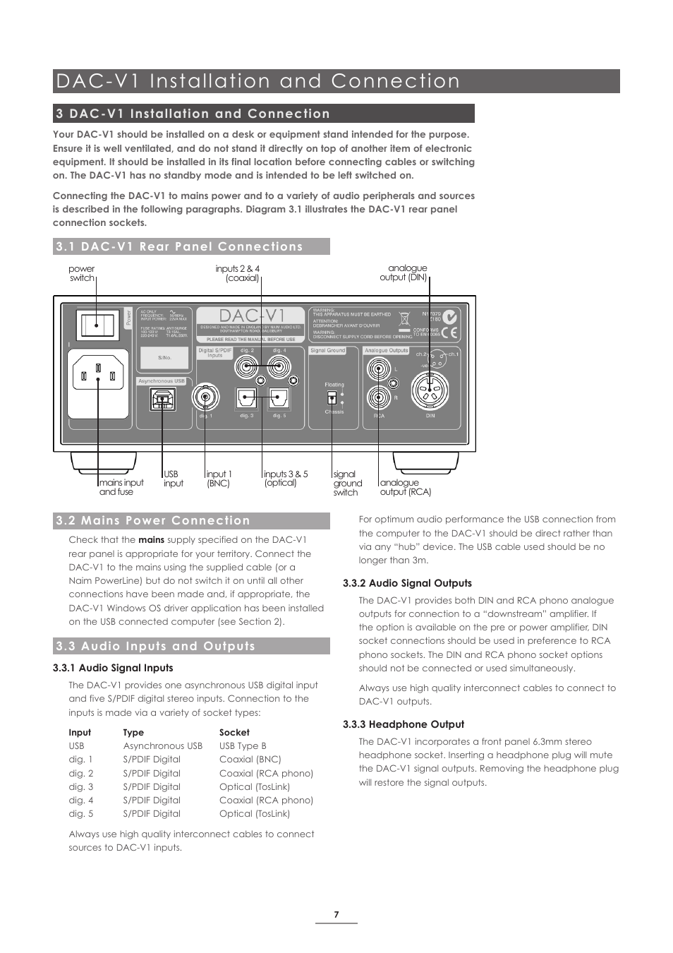 3 dac-v1 installation and connection, 1 dac-v1 rear panel connections, 2 mains power connection | 3 audio inputs and outputs, Dac-v1 installation and connection | Naim Audio DAC-V1 User Manual | Page 9 / 17