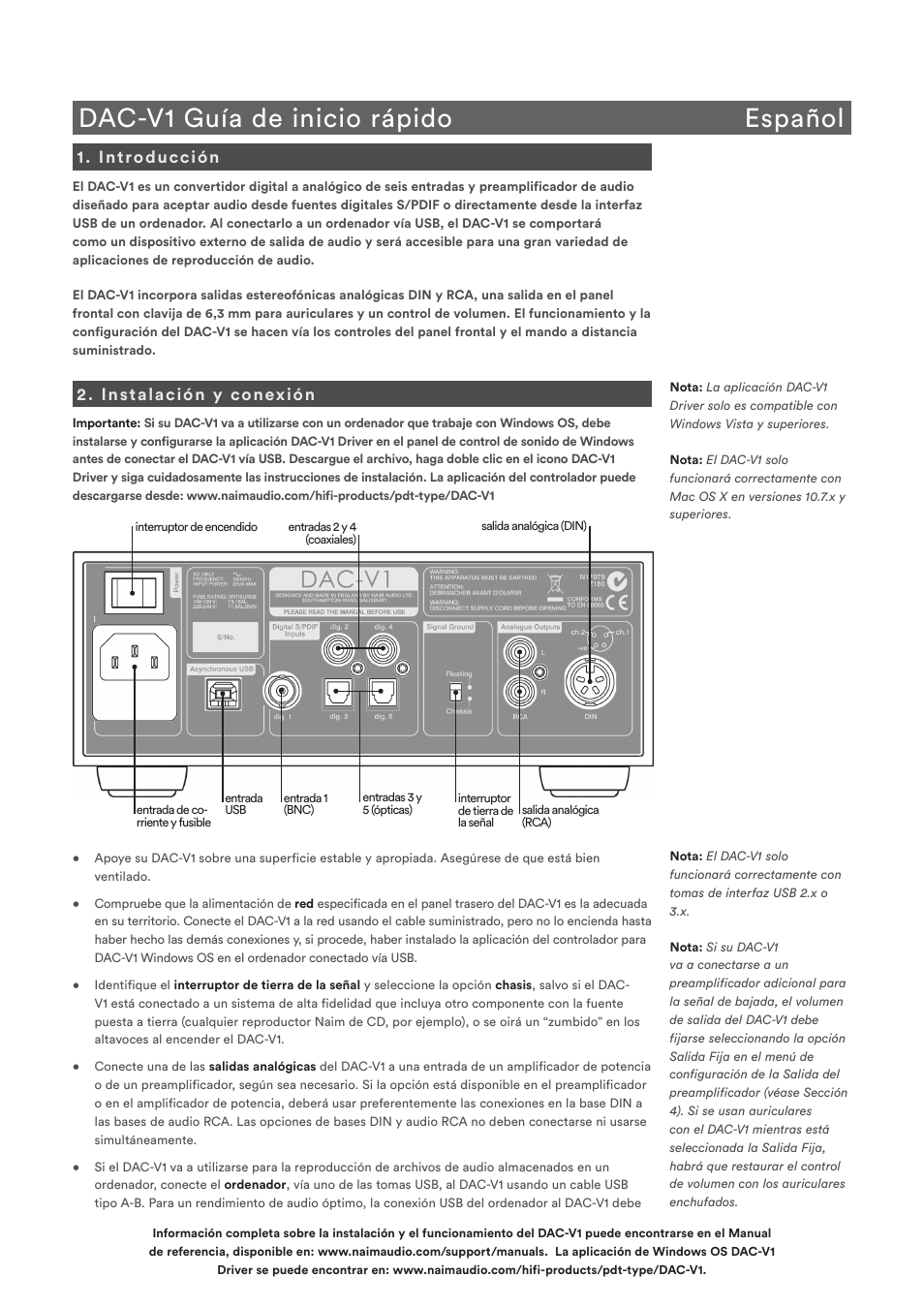 Dac-v1 guía de inicio rápido español, Introducción, Instalación y conexión | Naim Audio DAC-V1 User Manual | Page 10 / 22