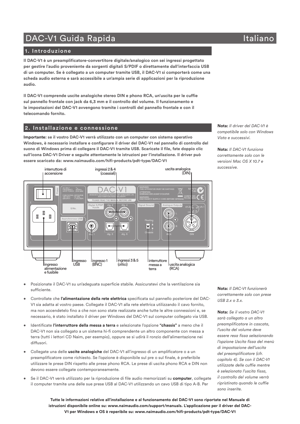 Dac-v1 guida rapida italiano, Introduzione, Installazione e connessione | Naim Audio DAC-V1 User Manual | Page 12 / 22