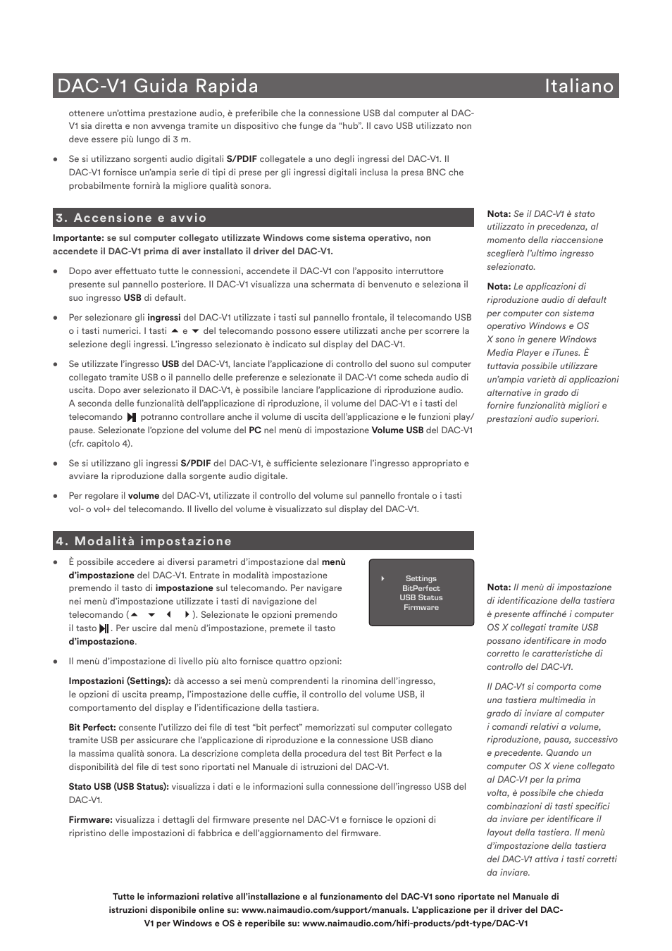 Dac-v1 guida rapida italiano, Accensione e avvio, Modalità impostazione | Naim Audio DAC-V1 User Manual | Page 13 / 22