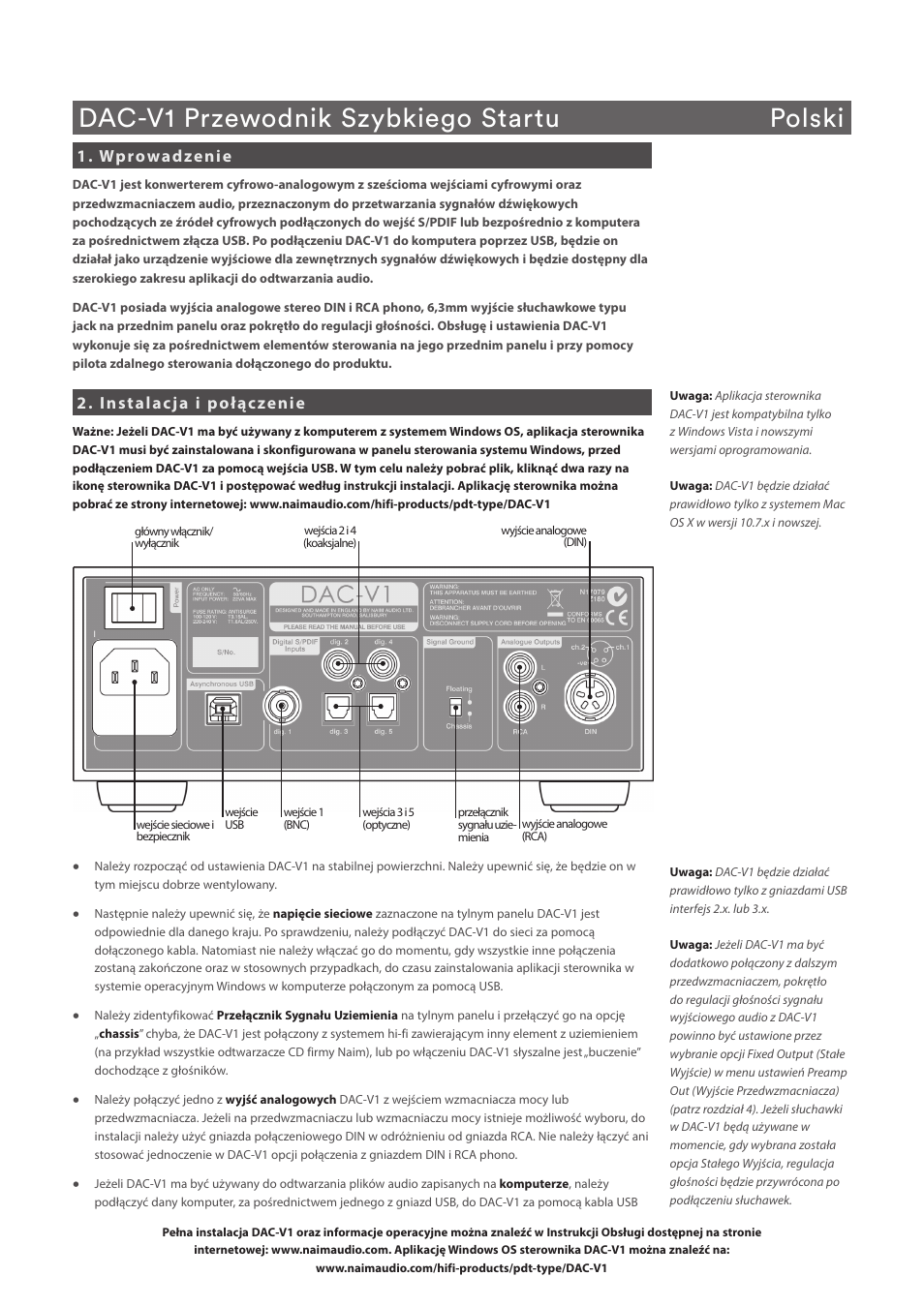 Dac-v1 przewodnik szybkiego startu polski, Wprowadzenie, Instalacja i połączenie | Naim Audio DAC-V1 User Manual | Page 14 / 22