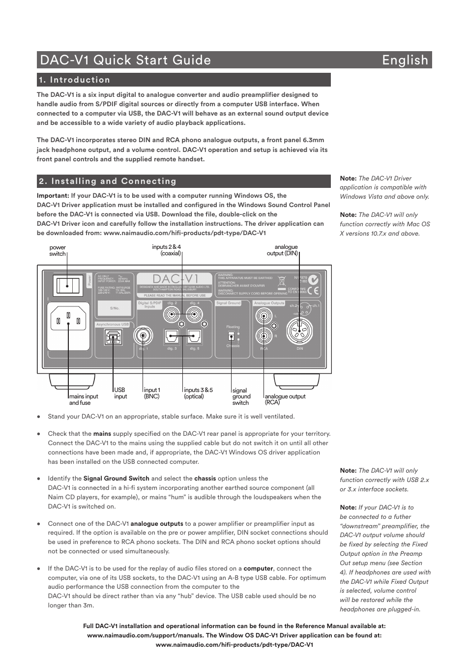 Dac-v1 quick start guide english, Introduction, Installing and connecting | Naim Audio DAC-V1 User Manual | Page 2 / 22