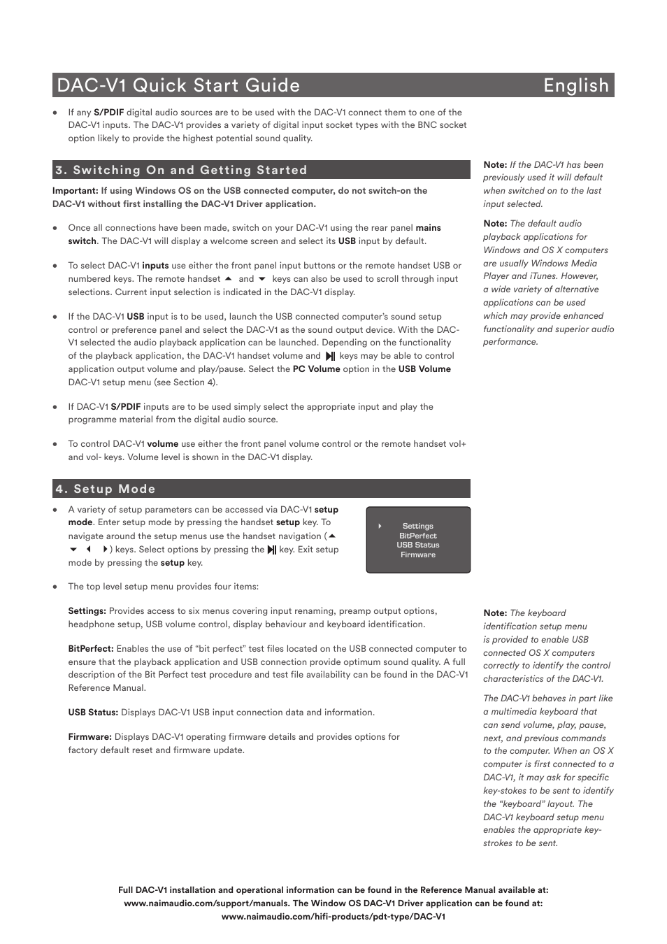Dac-v1 quick start guide english, Switching on and getting started, Setup mode | Naim Audio DAC-V1 User Manual | Page 3 / 22