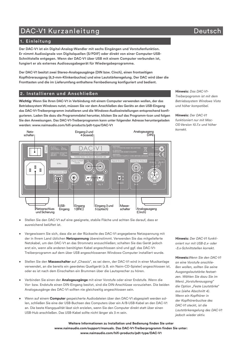 Dac-v1 kurzanleitung deutsch, Einleitung, Installieren und anschließen | Naim Audio DAC-V1 User Manual | Page 4 / 22