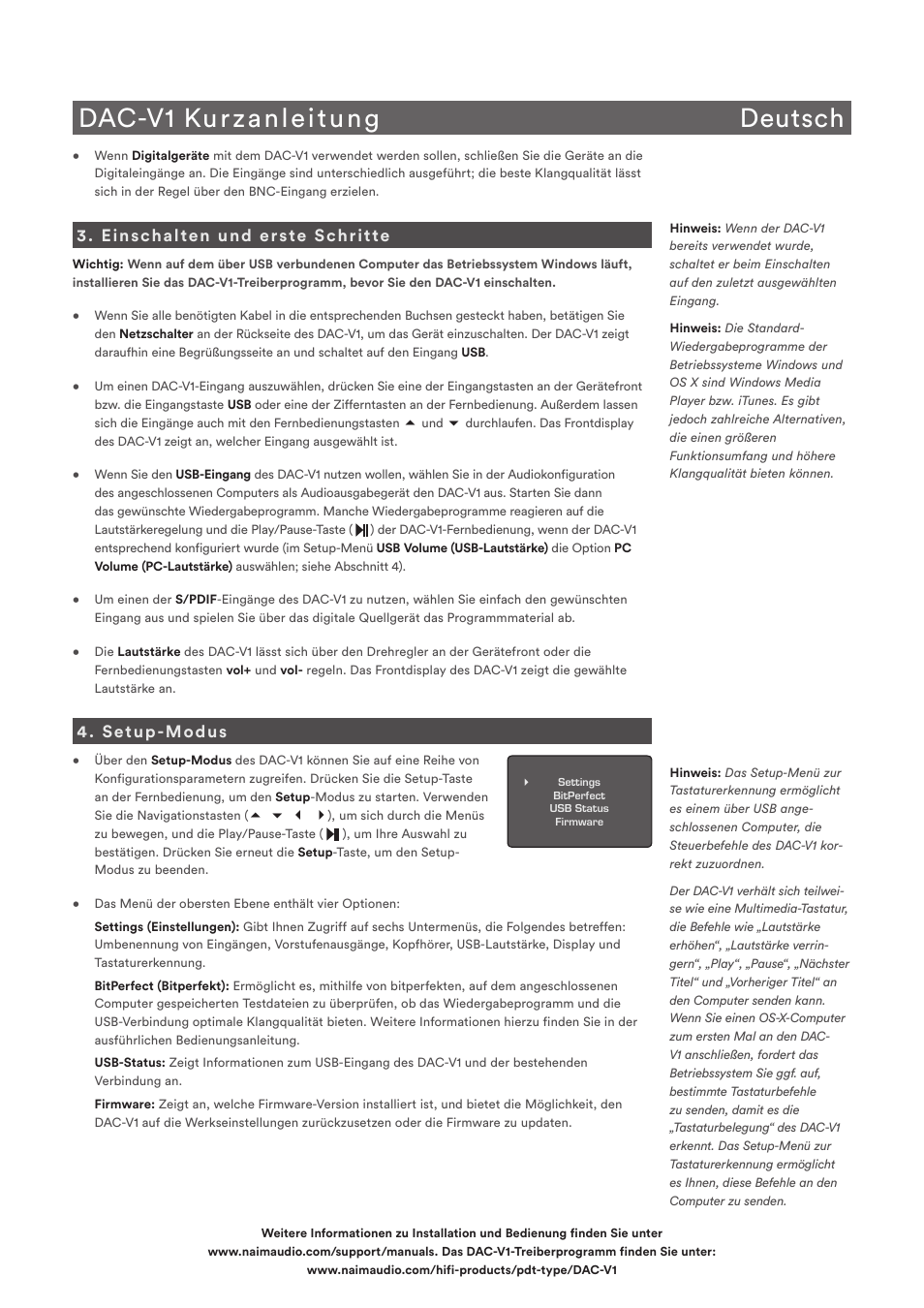 Dac-v1 kurzanleitung deutsch, Einschalten und erste schritte, Setup-modus | Naim Audio DAC-V1 User Manual | Page 5 / 22