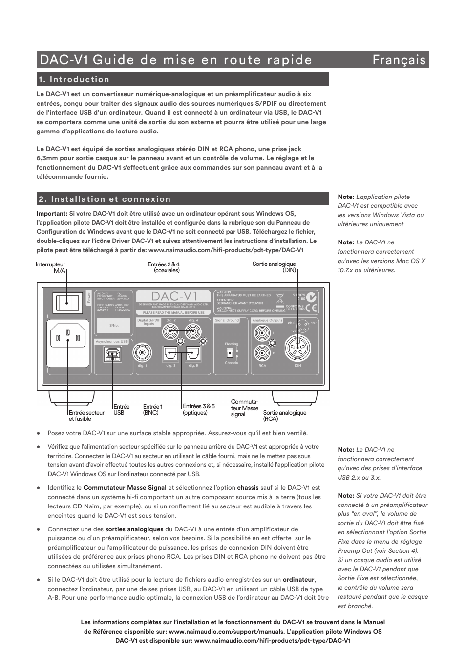Dac-v1 guide de mise en route rapide français, Introduction, Installation et connexion | Naim Audio DAC-V1 User Manual | Page 6 / 22