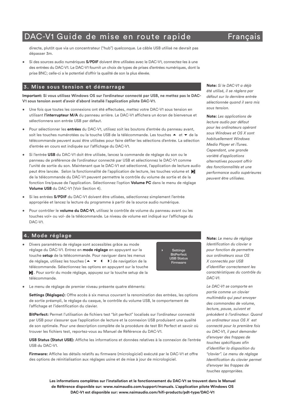 Dac-v1 guide de mise en route rapide français, Mise sous tension et démarrage, Mode réglage | Naim Audio DAC-V1 User Manual | Page 7 / 22