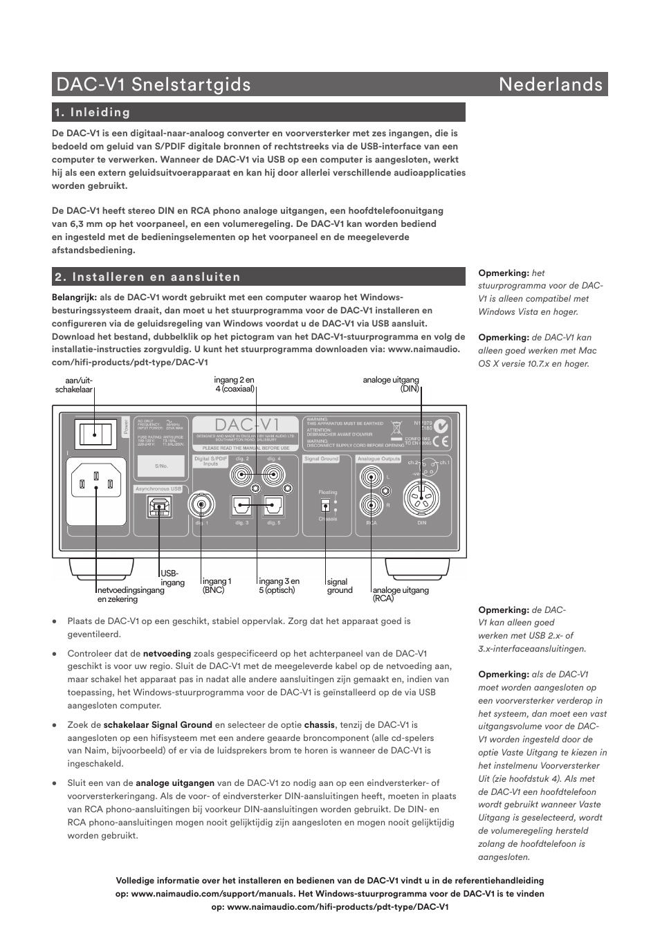 Dac-v1 snelstartgids nederlands, Inleiding, Installeren en aansluiten | Naim Audio DAC-V1 User Manual | Page 8 / 22