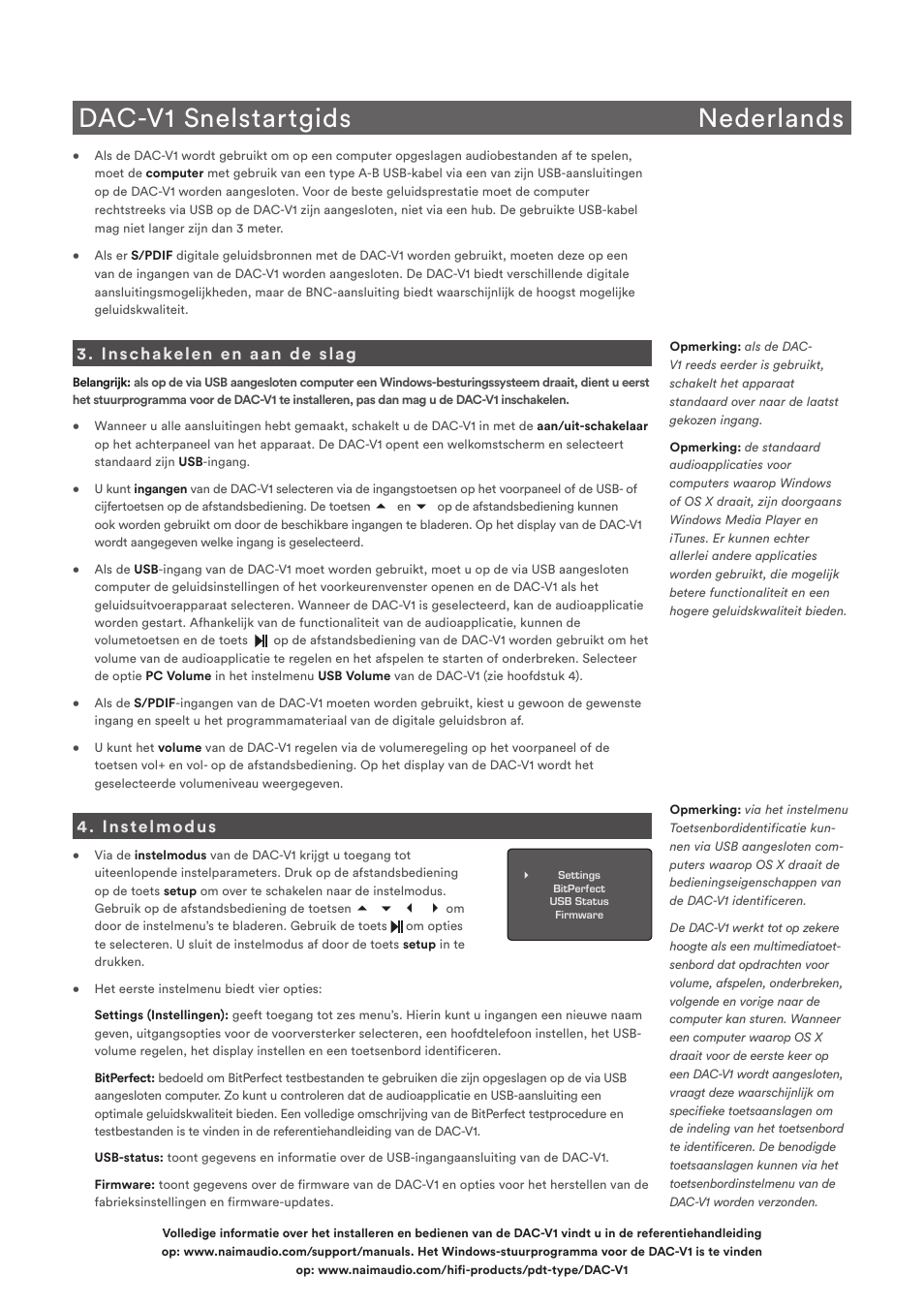 Dac-v1 snelstartgids nederlands, Inschakelen en aan de slag, Instelmodus | Naim Audio DAC-V1 User Manual | Page 9 / 22