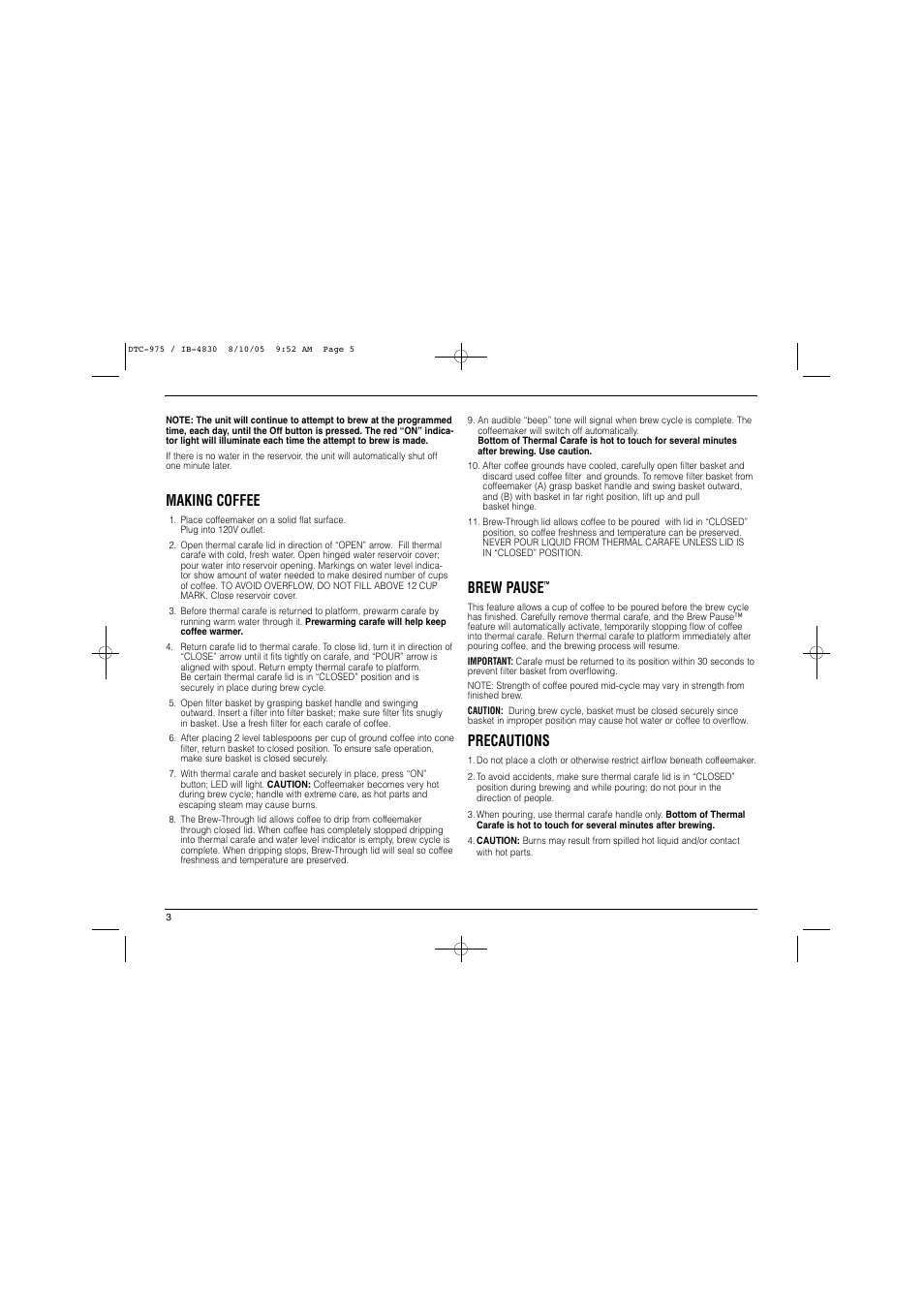 Making coffee, Brew pause, Precautions | Cuisinart DTC-975 User Manual | Page 4 / 8