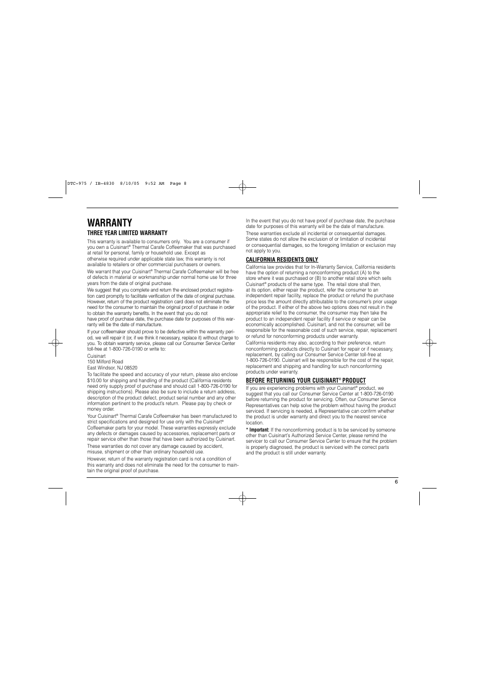 Warranty | Cuisinart DTC-975 User Manual | Page 7 / 8