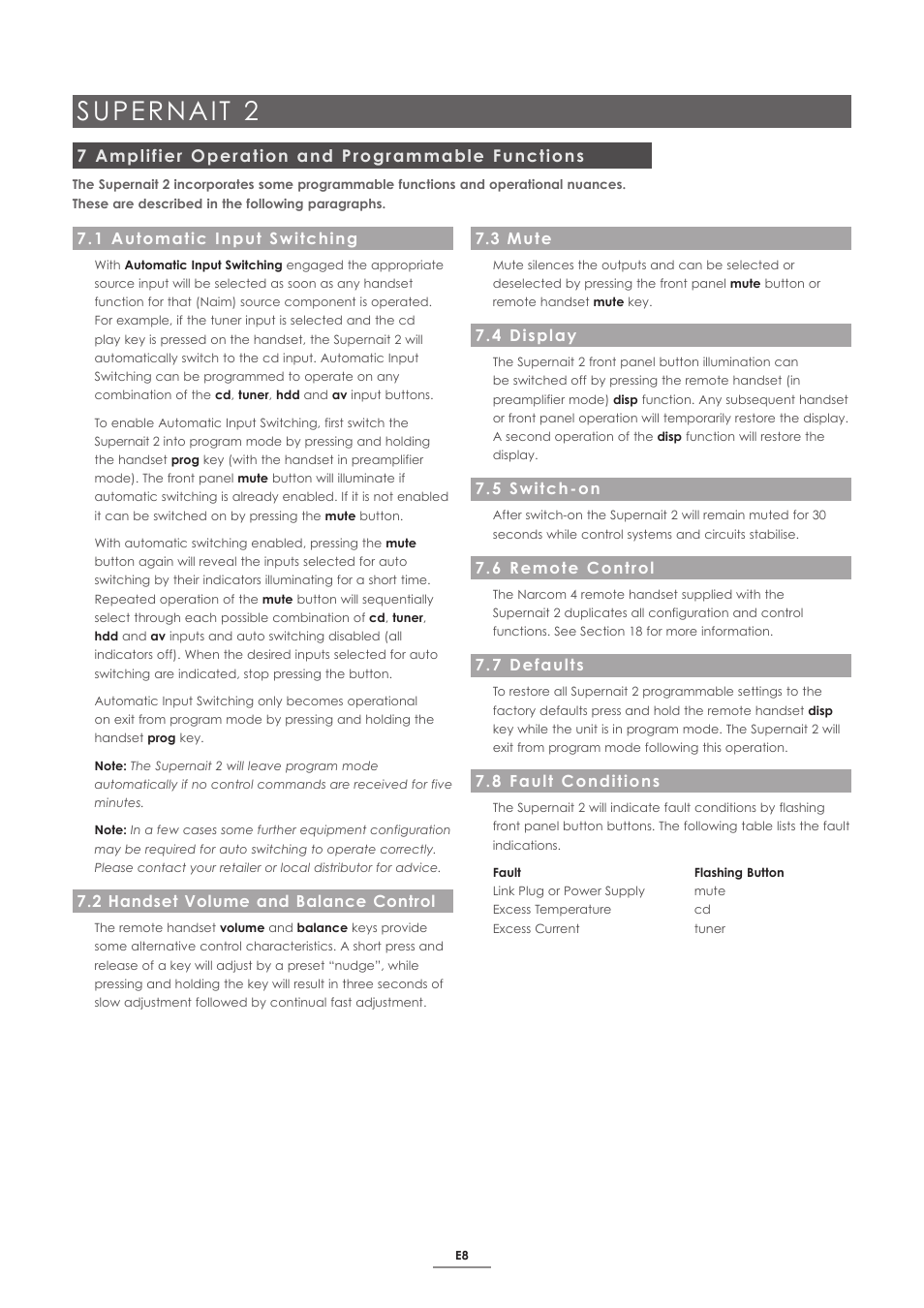 7 amplifier operation and programmable functions, 1 automatic input switching, 2 handset volume and balance control | 3 mute, 4 display, 5 switch-on, 6 remote control, 7 defaults, 8 fault conditions, Supernait 2 | Naim Audio SUPERNAIT 2 User Manual | Page 10 / 23