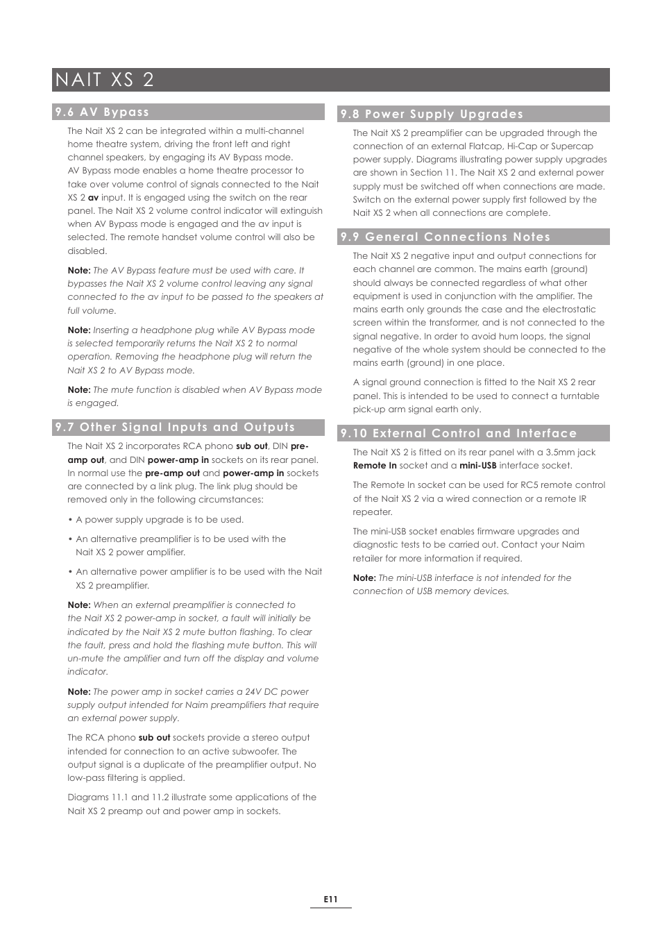 6 av bypass, 7 other signal inputs and outputs, 8 power supply upgrades | 9 general connections notes, 10 external control and interface, Nait xs 2 | Naim Audio SUPERNAIT 2 User Manual | Page 13 / 23