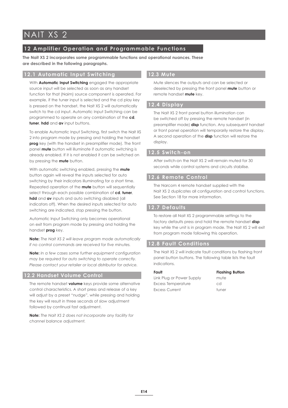 12 amplifier operation and programmable functions, 1 automatic input switching, 2 handset volume control | 3 mute, 4 display, 5 switch-on, 6 remote control, 7 defaults, 8 fault conditions, Nait xs 2 | Naim Audio SUPERNAIT 2 User Manual | Page 16 / 23