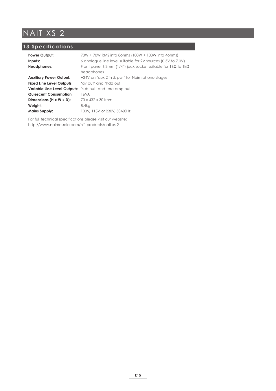 13 specifications, Nait xs 2 | Naim Audio SUPERNAIT 2 User Manual | Page 17 / 23