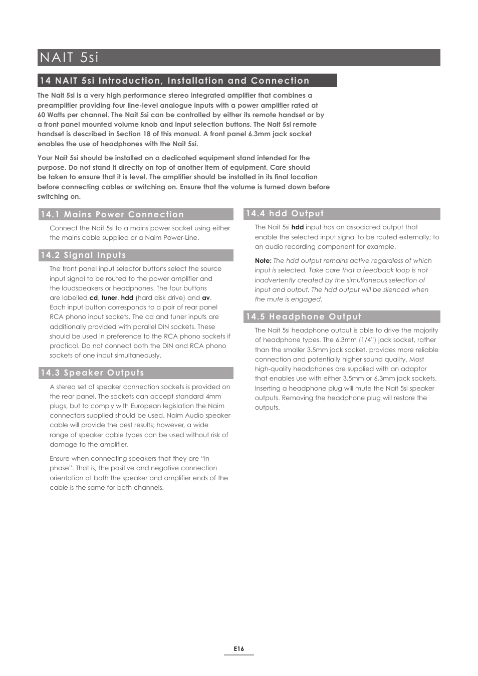 1 mains power connection, 2 signal inputs, 3 speaker outputs | 4 hdd output, 5 headphone output, Nait 5si | Naim Audio SUPERNAIT 2 User Manual | Page 18 / 23