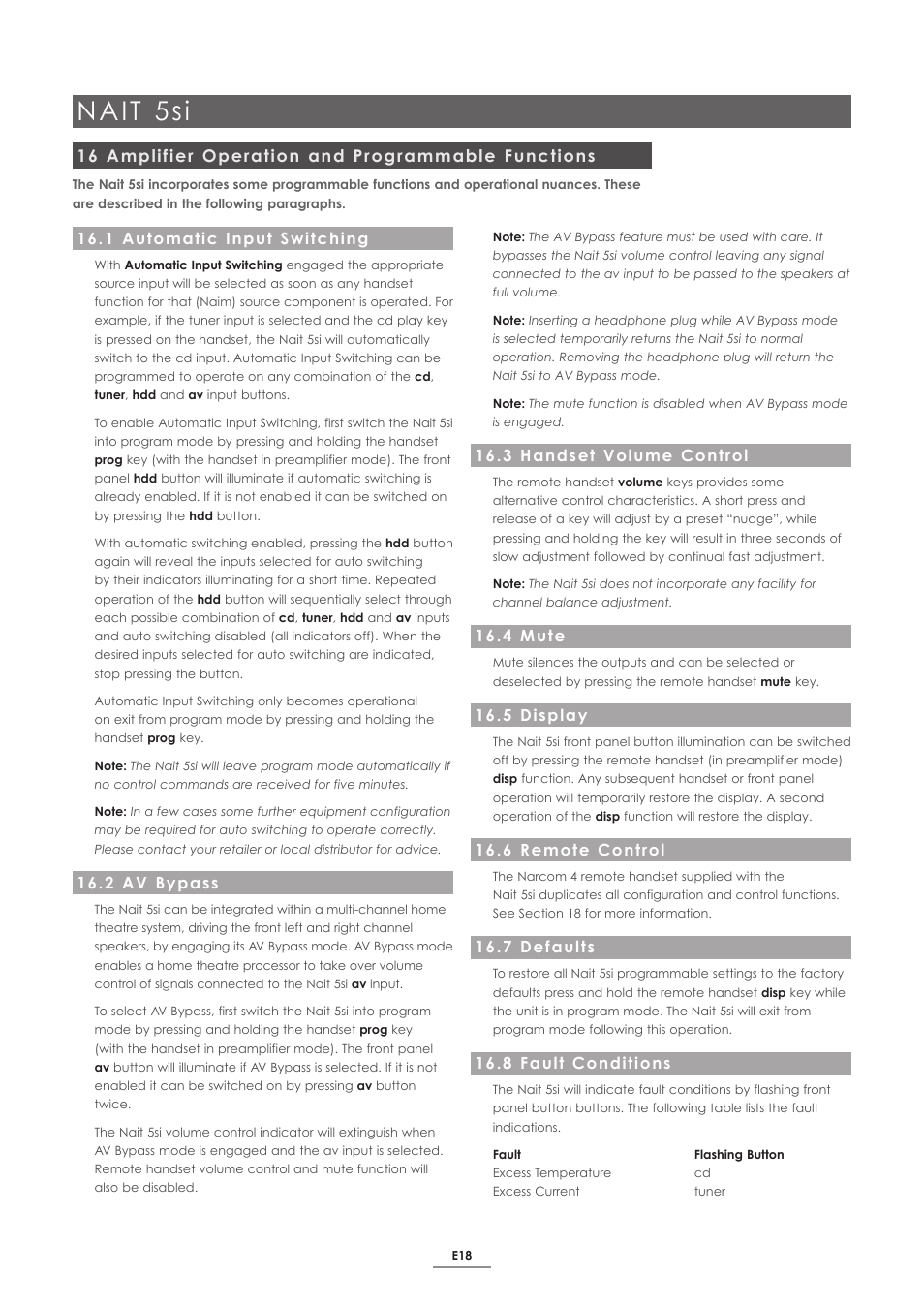 16 amplifier operation and programmable functions, 1 automatic input switching, 2 av bypass | 3 handset volume control, 4 mute, 5 display, 6 remote control, 7 defaults, 8 fault conditions, Nait 5si | Naim Audio SUPERNAIT 2 User Manual | Page 20 / 23