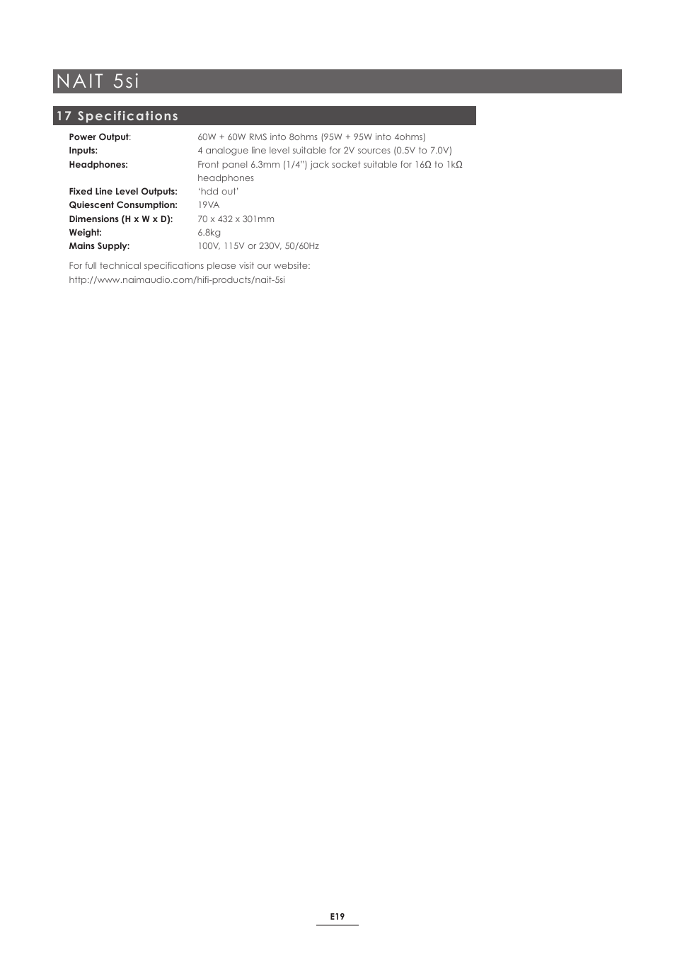 17 specifications, Nait 5si | Naim Audio SUPERNAIT 2 User Manual | Page 21 / 23