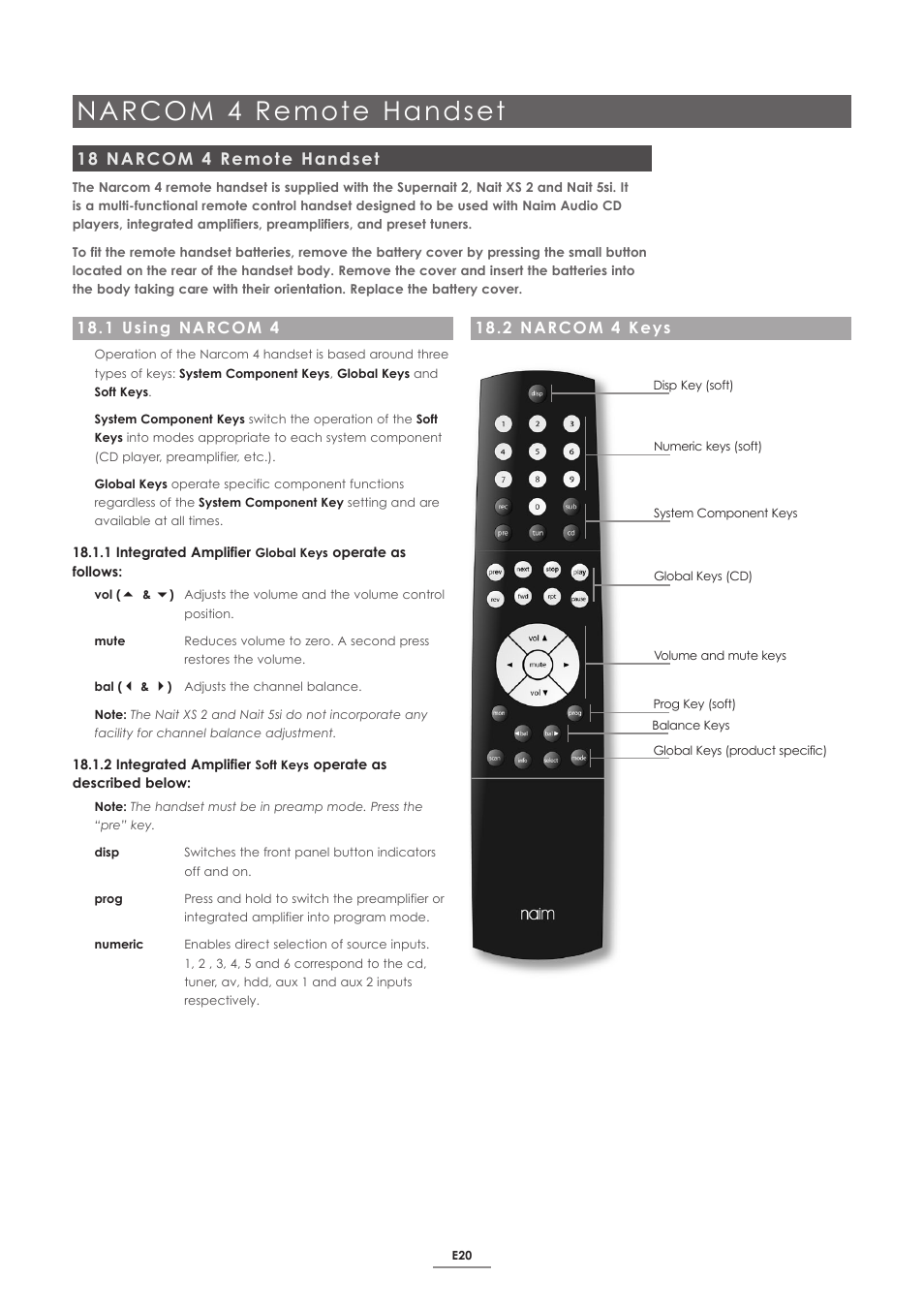 18 narcom 4 remote handset, 1 using narcom 4, 2 narcom 4 keys | Narcom 4 remote handset | Naim Audio SUPERNAIT 2 User Manual | Page 22 / 23