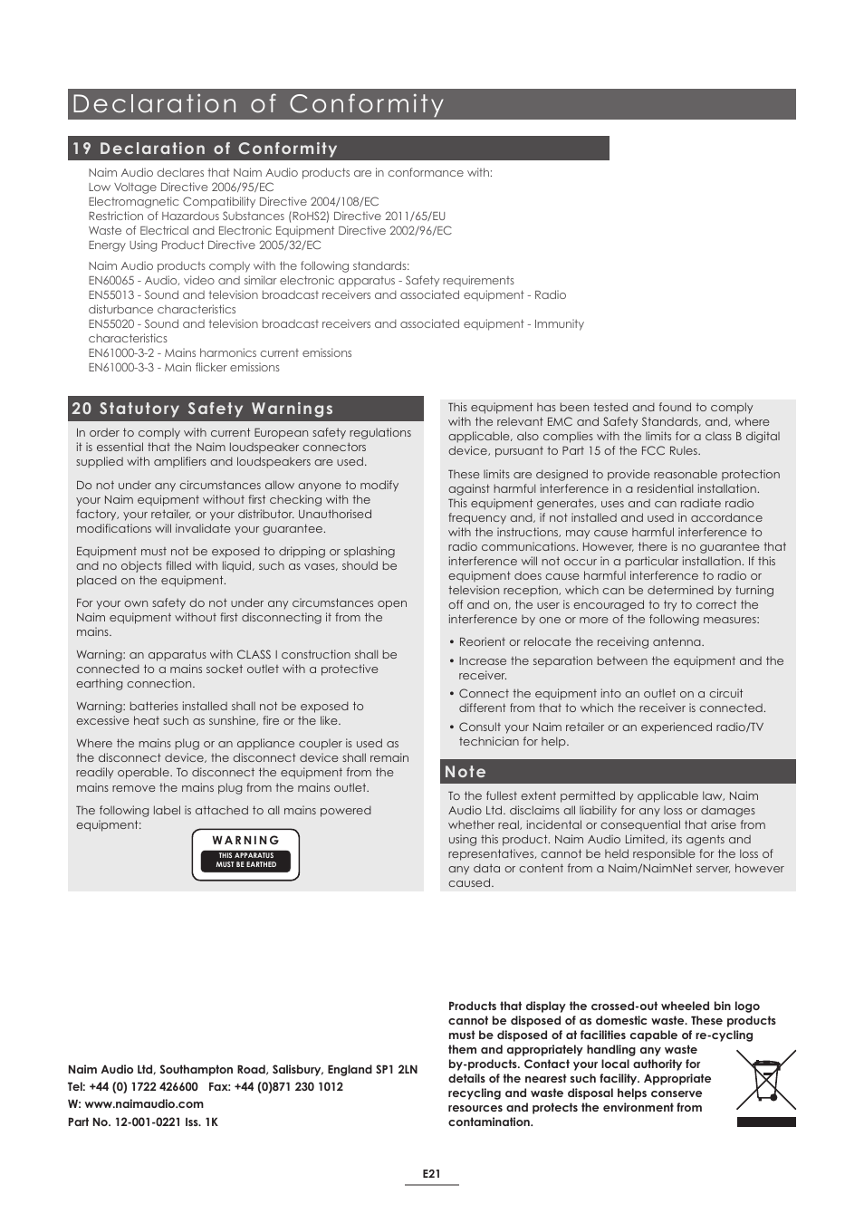 19 declaration of conformity, 20 statutory safety warnings, Declaration of confor mity | Naim Audio SUPERNAIT 2 User Manual | Page 23 / 23