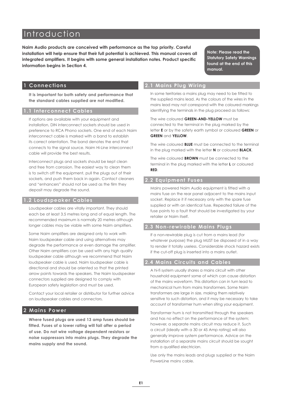 1 connections, 1 interconnect cables, 2 loudspeaker cables | 2 mains power, 1 mains plug wiring, 2 equipment fuses, 3 non-rewirable mains plugs, 4 mains circuits and cables, Introduction | Naim Audio SUPERNAIT 2 User Manual | Page 3 / 23