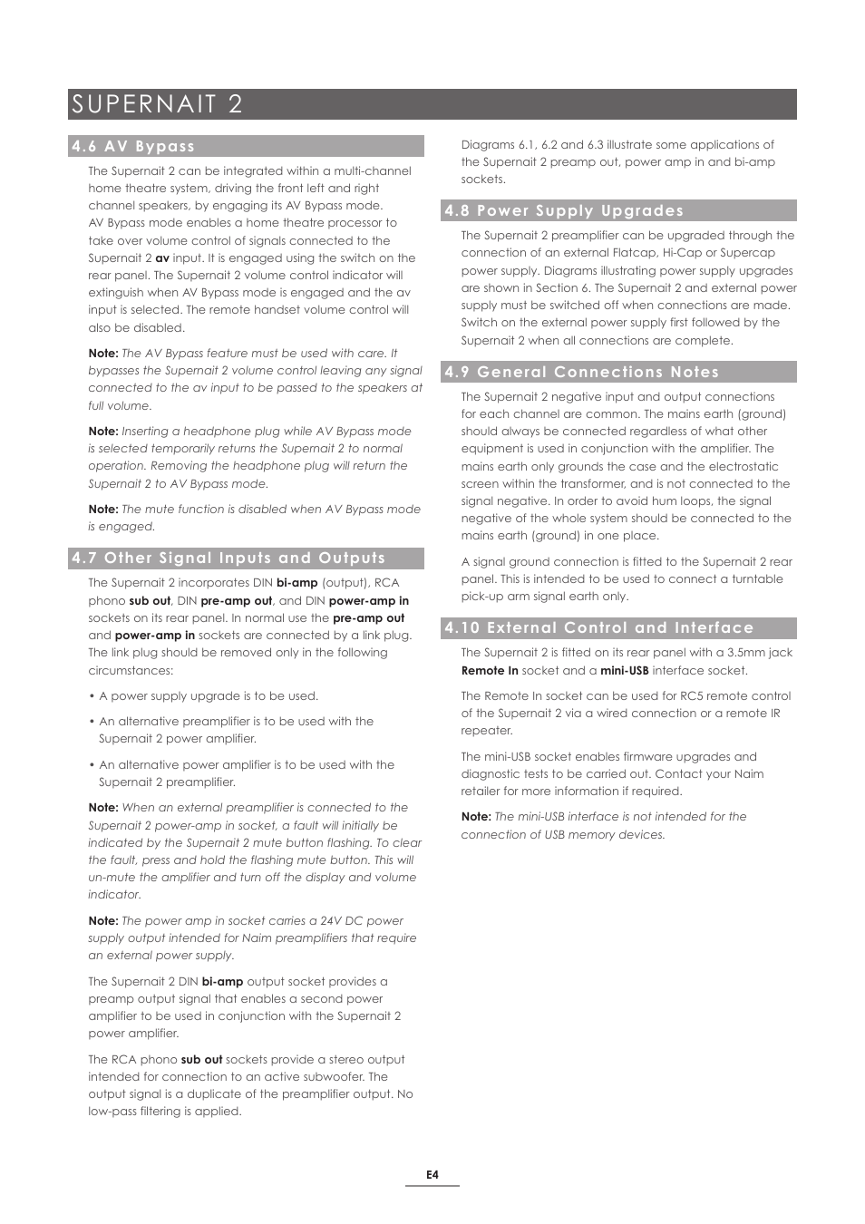 6 av bypass, 7 other signal inputs and outputs, 8 power supply upgrades | 9 general connections notes, 10 external control and interface, Supernait 2 | Naim Audio SUPERNAIT 2 User Manual | Page 6 / 23