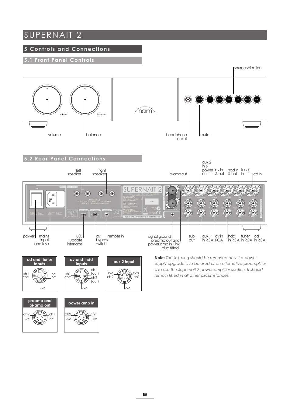 5 controls and connections, 1 front panel controls, 2 rear panel connections | Supernait 2, 1 front panel controls 5.2 rear panel connections | Naim Audio SUPERNAIT 2 User Manual | Page 7 / 23