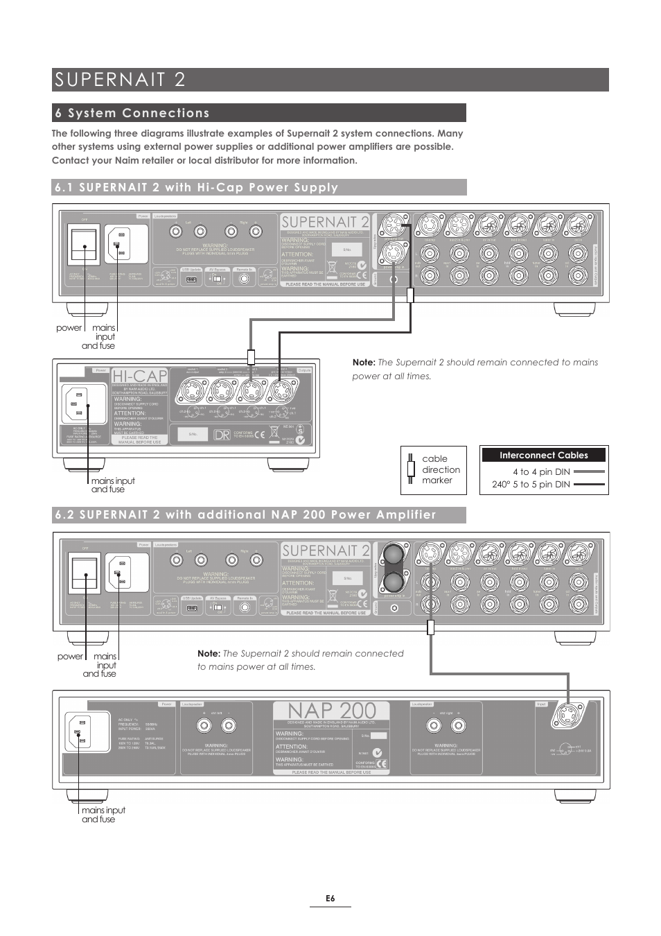 6 system connections, 1 supernait 2 with hi-cap power supply, Supernait 2 | Naim Audio SUPERNAIT 2 User Manual | Page 8 / 23