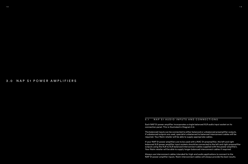 Nap s1 power amplifiers, 1 nap s1 audio inputs and connections, 3 . 0 n a p s 1 p o w e r a m p l i f i e r s | Naim Audio NAP S1 User Manual | Page 10 / 20