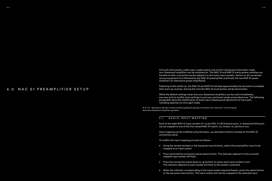 Nac s1 preamplifier setup, 1 audio input mapping, 4 . 0 n a c s 1 p r e a m p l i f i e r s e t u p | 4 . 1 a u d i o i n p u t m a p p i n g | Naim Audio NAP S1 User Manual | Page 13 / 20