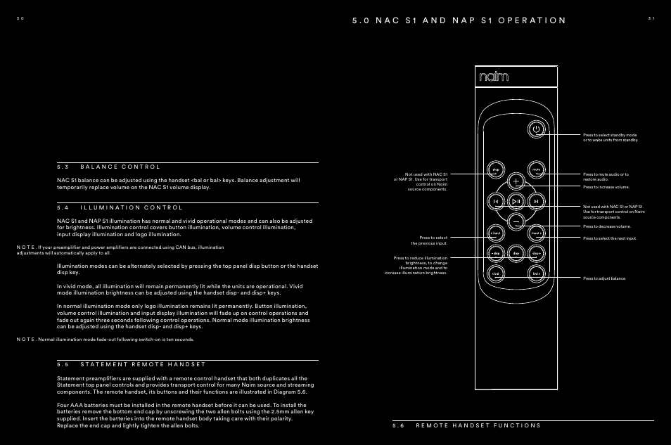 3 balance control, 4 illumination control, 5 statement remote handset | 6 remote handset functions, 5 . 3 b a l a n c e c o n t r o l, 5 . 4 i l l u m i n a t i o n c o n t r o l, 5 . 5 s t a t e m e n t r e m o t e h a n d s e t, 5 . 6 r e m o t e h a n d s e t f u n c t i o n s | Naim Audio NAP S1 User Manual | Page 16 / 20