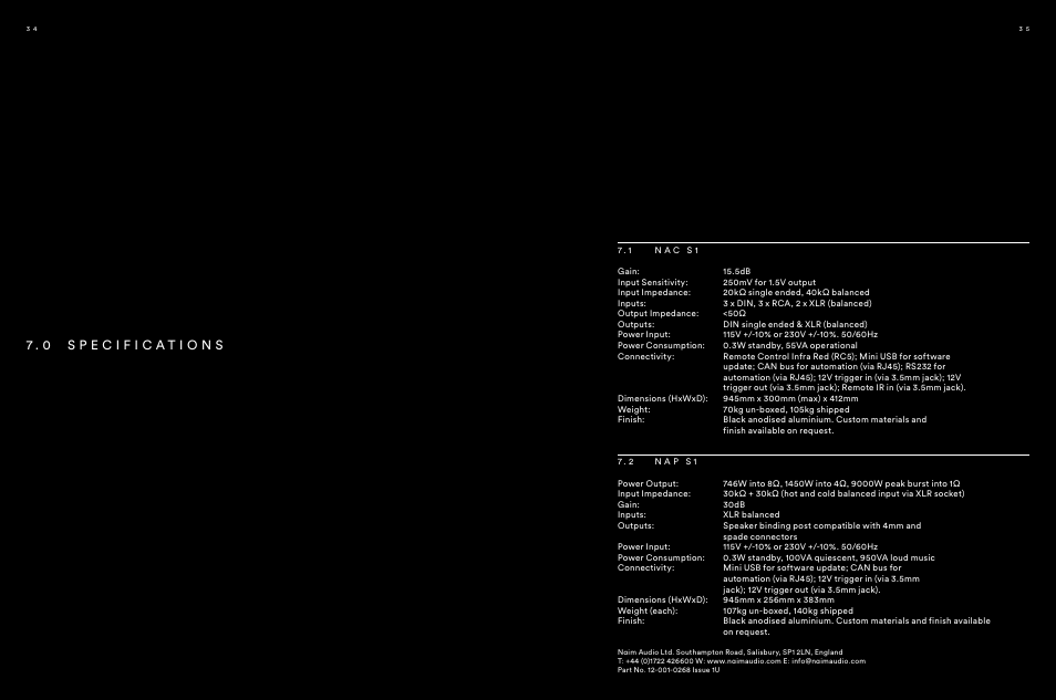 Specifications, 1 nac s1, 2 nap s1 | 7 . 0 s p e c i f i c a t i o n s, 7 . 1 n a c s 1, 7 . 2 n a p s 1 | Naim Audio NAP S1 User Manual | Page 18 / 20