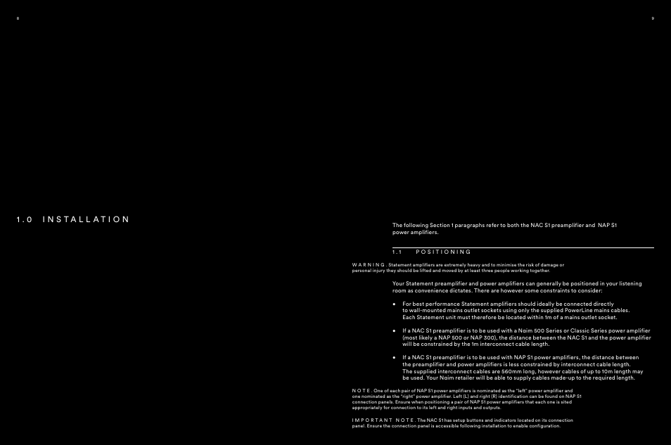 Installation, 1 positioning, 1 . 0 i n s t a l l a t i o n | 1 . 1 p o s i t i o n i n g | Naim Audio NAP S1 User Manual | Page 5 / 20