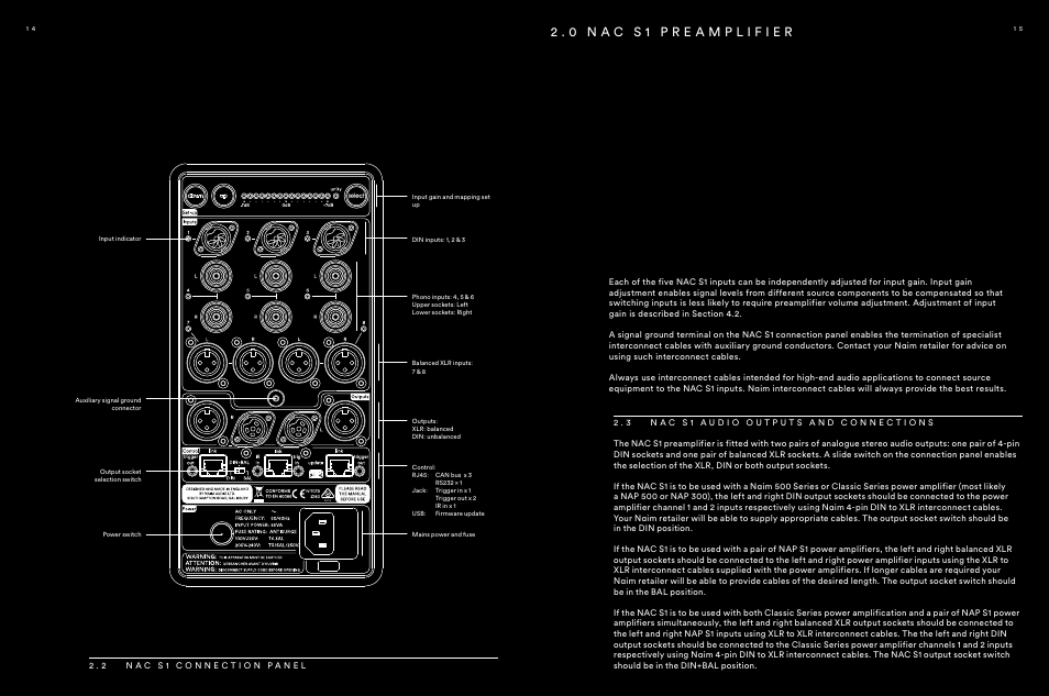 2 nac s1 connection panel, 3 nac s1 audio outputs and connections, 2 . 2 n a c s 1 c o n n e c t i o n p a n e l | Naim Audio NAP S1 User Manual | Page 8 / 20