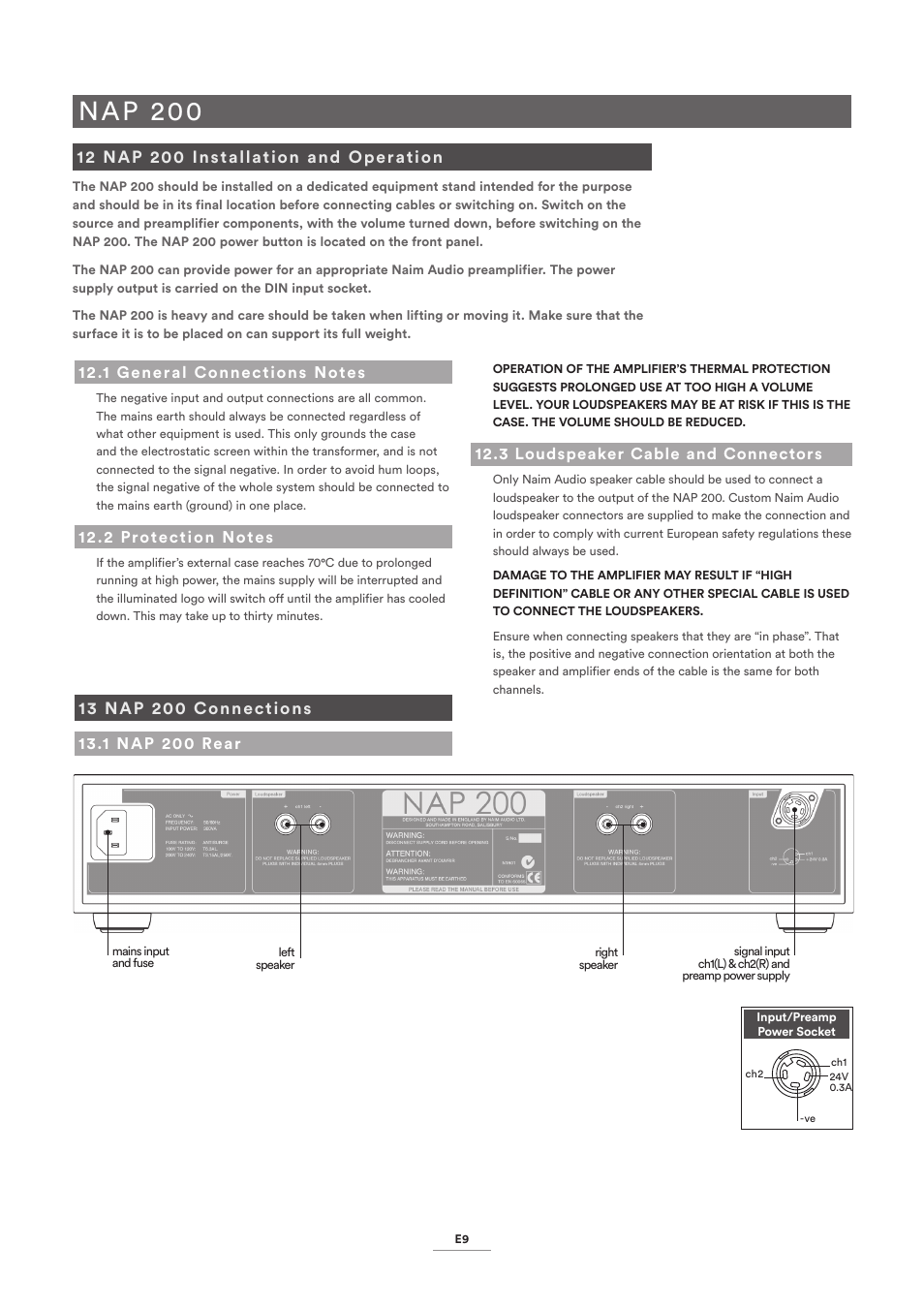 12 nap 200 installation and operation, 1 general connections notes, 2 protection notes | 3 loudspeaker cable and connectors, 13 nap 200 connections, 1 nap 200 rear, Nap 200 | Naim Audio NAP 500 User Manual | Page 11 / 15