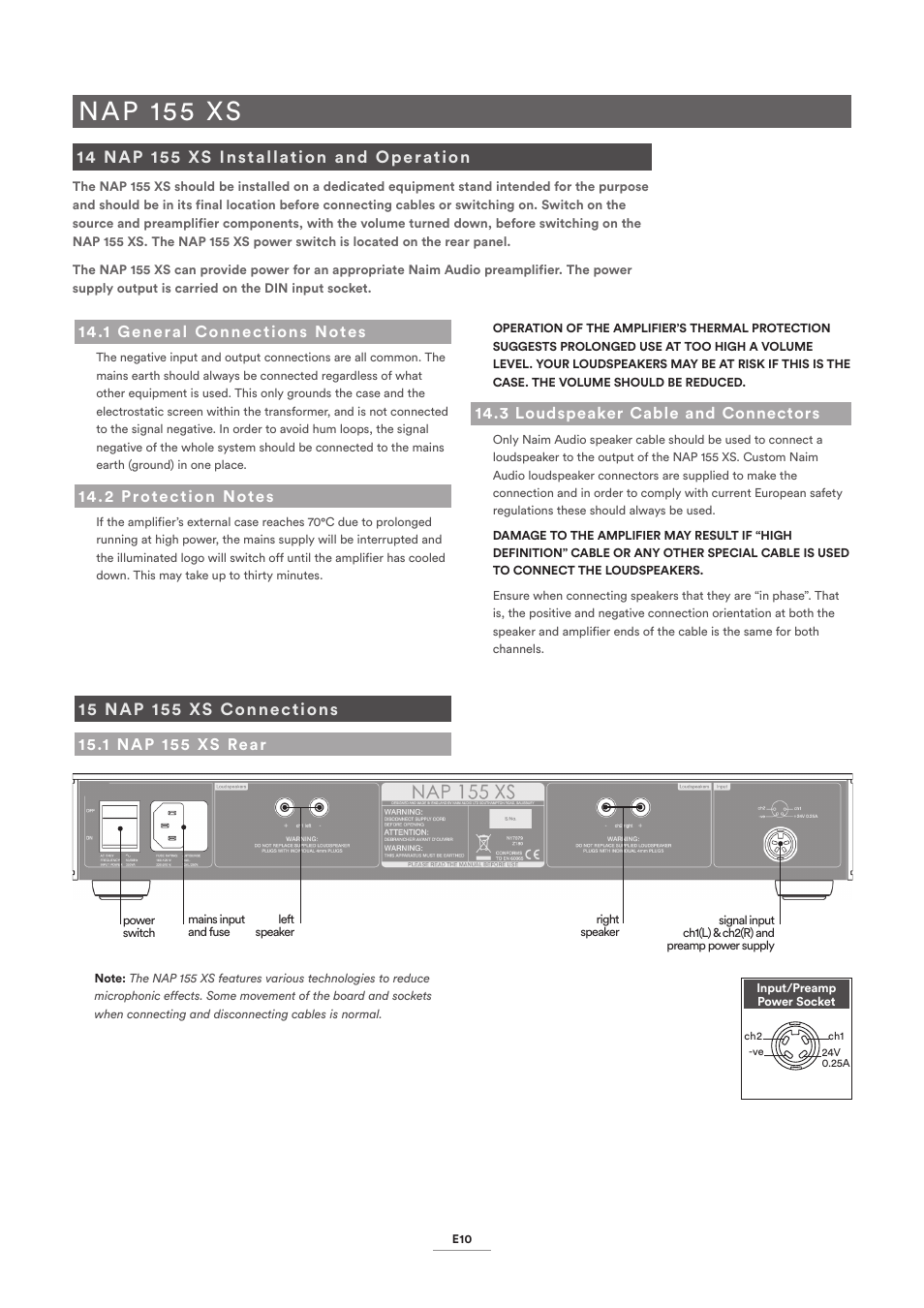 14 nap 155 xs installation and operation, 1 general connections notes, 2 protection notes | 3 loudspeaker cable and connectors, 15 nap 155 xs connections, 1 nap 155 xs rear, Nap 155 xs | Naim Audio NAP 500 User Manual | Page 12 / 15