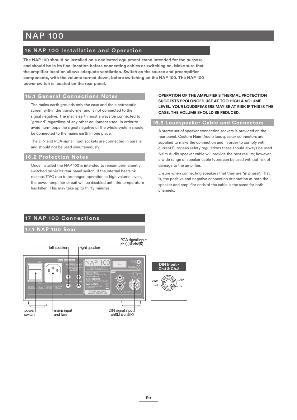 16 nap 100 installation and operation, 1 general connections notes, 2 protection notes | 3 loudspeaker cable and connectors, 17 nap 100 connections, 1 nap 100 rear, Nap 100 | Naim Audio NAP 500 User Manual | Page 13 / 15